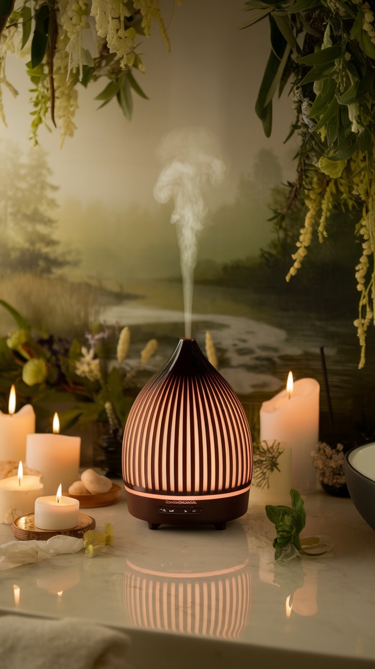 Aromatherapy diffuser surrounded by candles and greenery in a serene bathroom setting