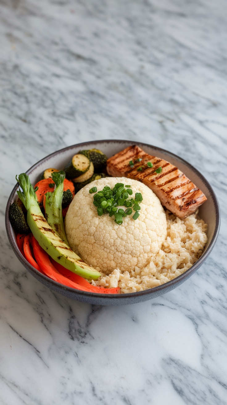 A bowl of cauliflower rice served with grilled vegetables and salmon.