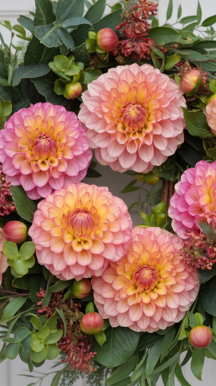 A dahlia wreath featuring pink and orange dahlias, surrounded by green leaves and buds.