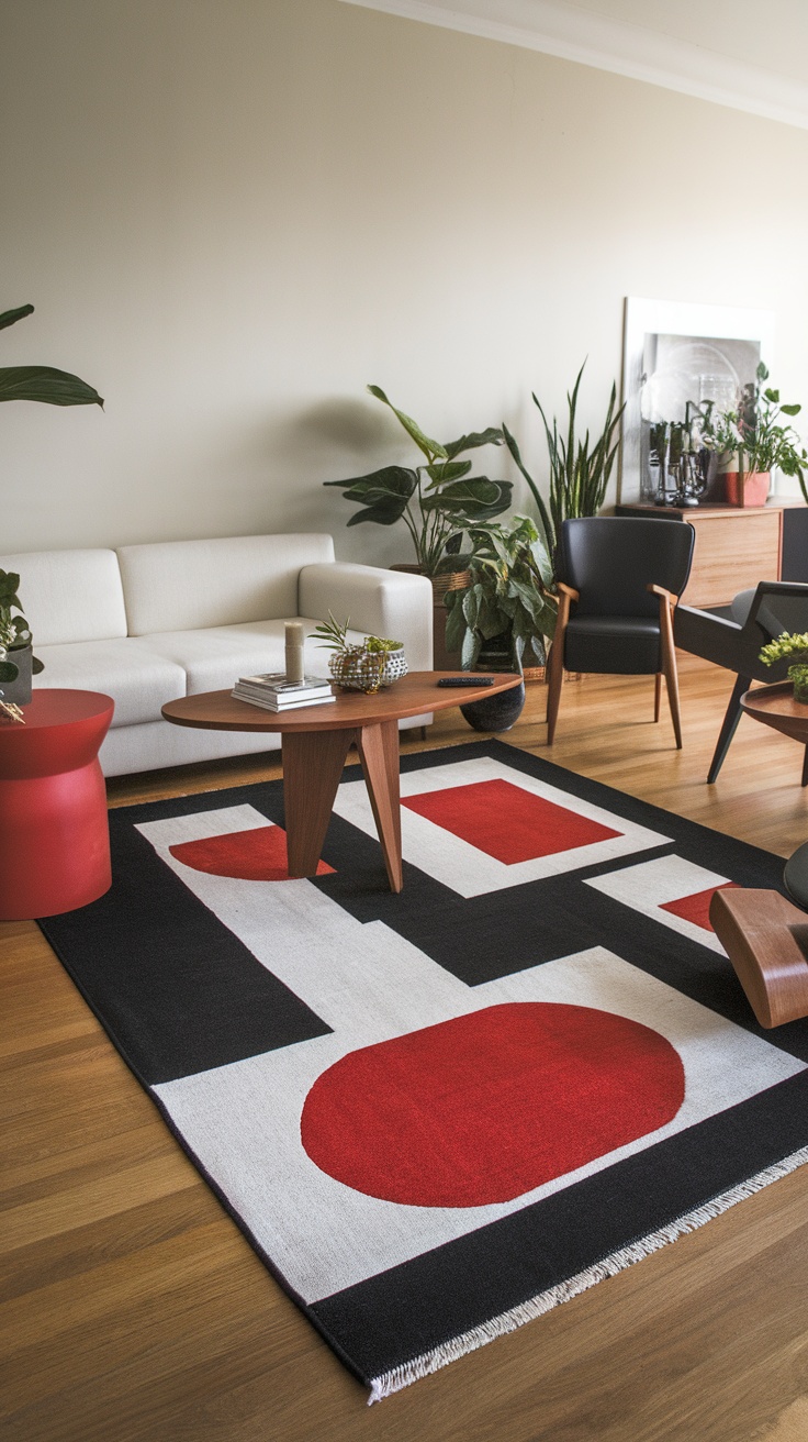 A living room featuring a geometric patterned rug in red, white, and black, complemented by minimalist furniture and plants.