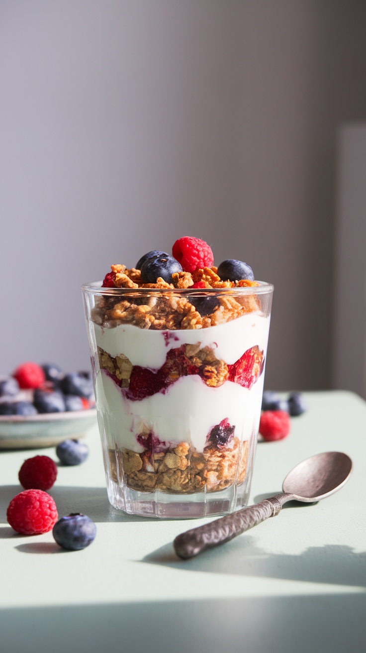 A granola parfait layered with yogurt, granola, and fresh berries.