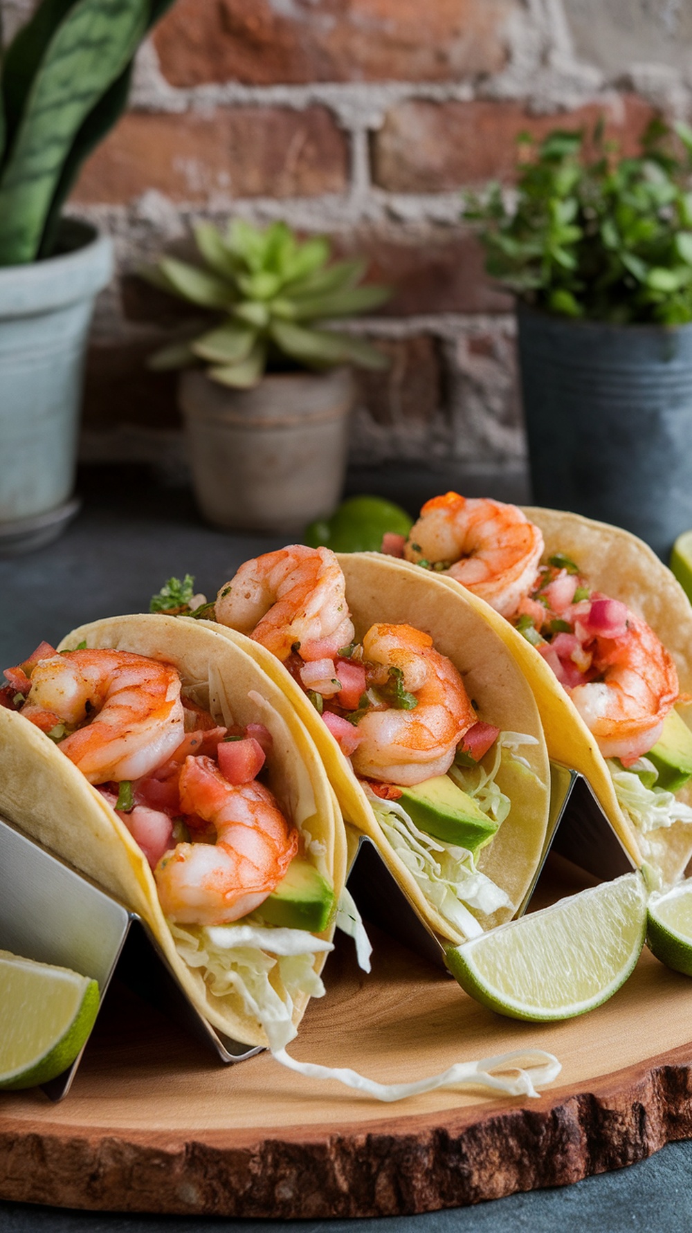 Delicious grilled shrimp tacos served with fresh toppings and lime.