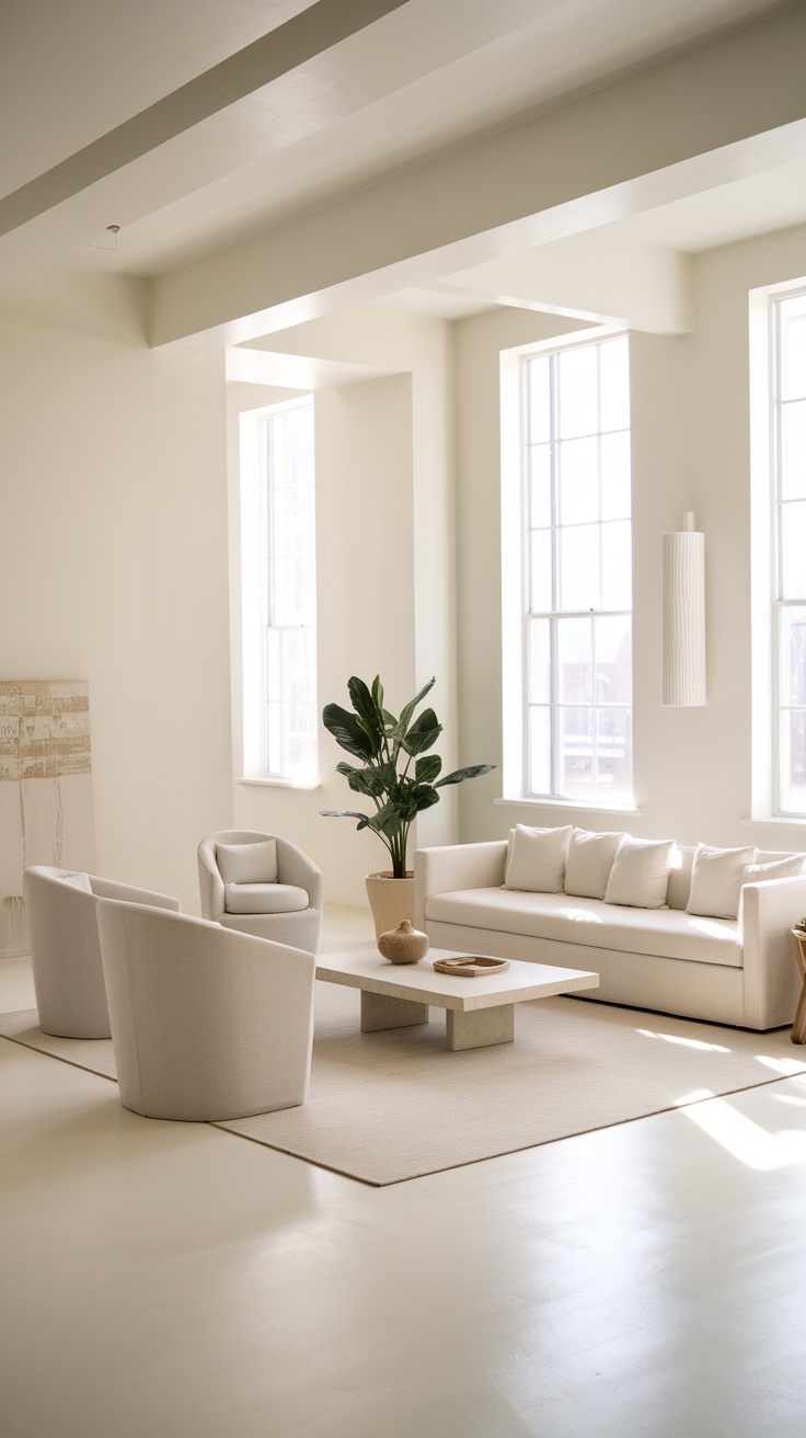 A minimalist living room with large windows, light colors, and simple furniture.