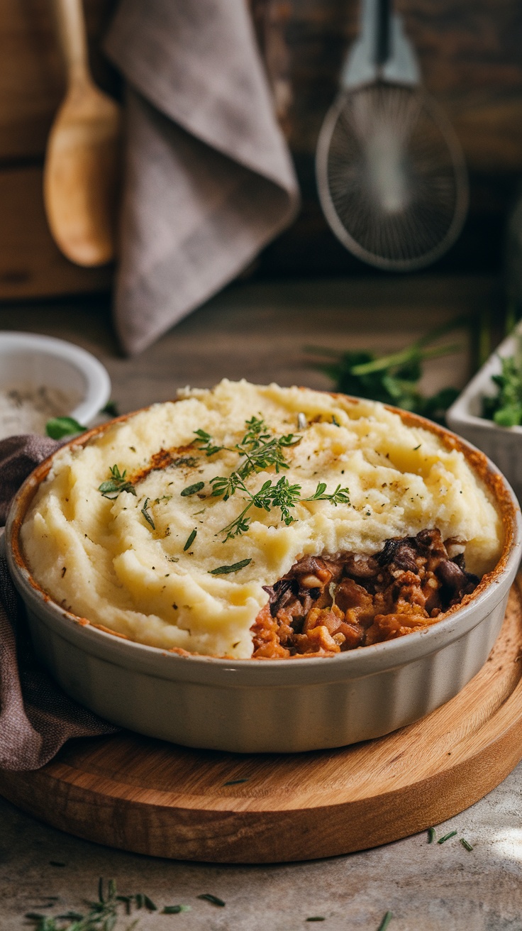 Mushroom Shepherd's Pie with creamy mashed potatoes on top.