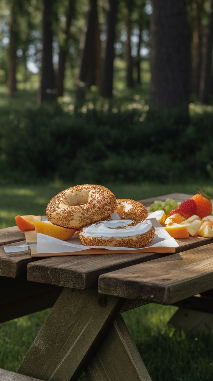 Protein bagels with Greek yogurt, fresh fruits on a wooden table