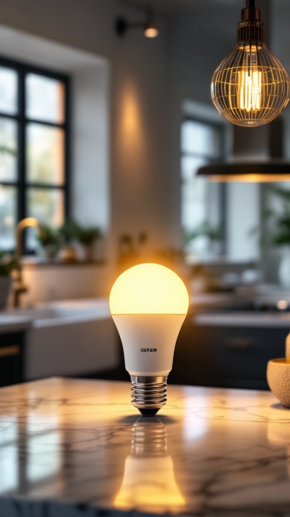 Osram Led Star Classic A60 light bulb on a marble countertop in a warm white kitchen