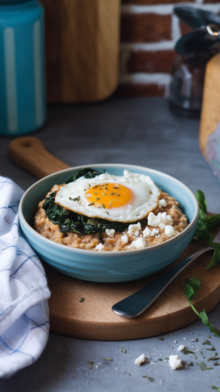 A bowl of savory oatmeal topped with a fried egg, sautéed greens, and crumbled feta cheese.