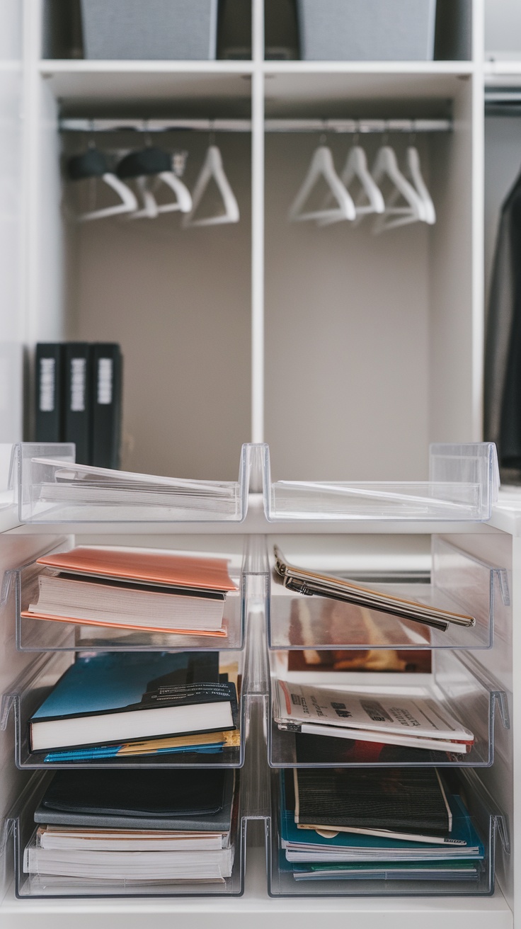 Image showing clear plastic shelf dividers organizing books and papers on a shelf.