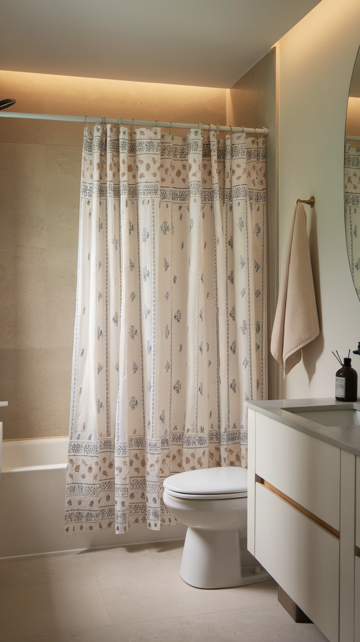 A bathroom featuring a Target Threshold shower curtain with floral designs, a white toilet, and a modern vanity.