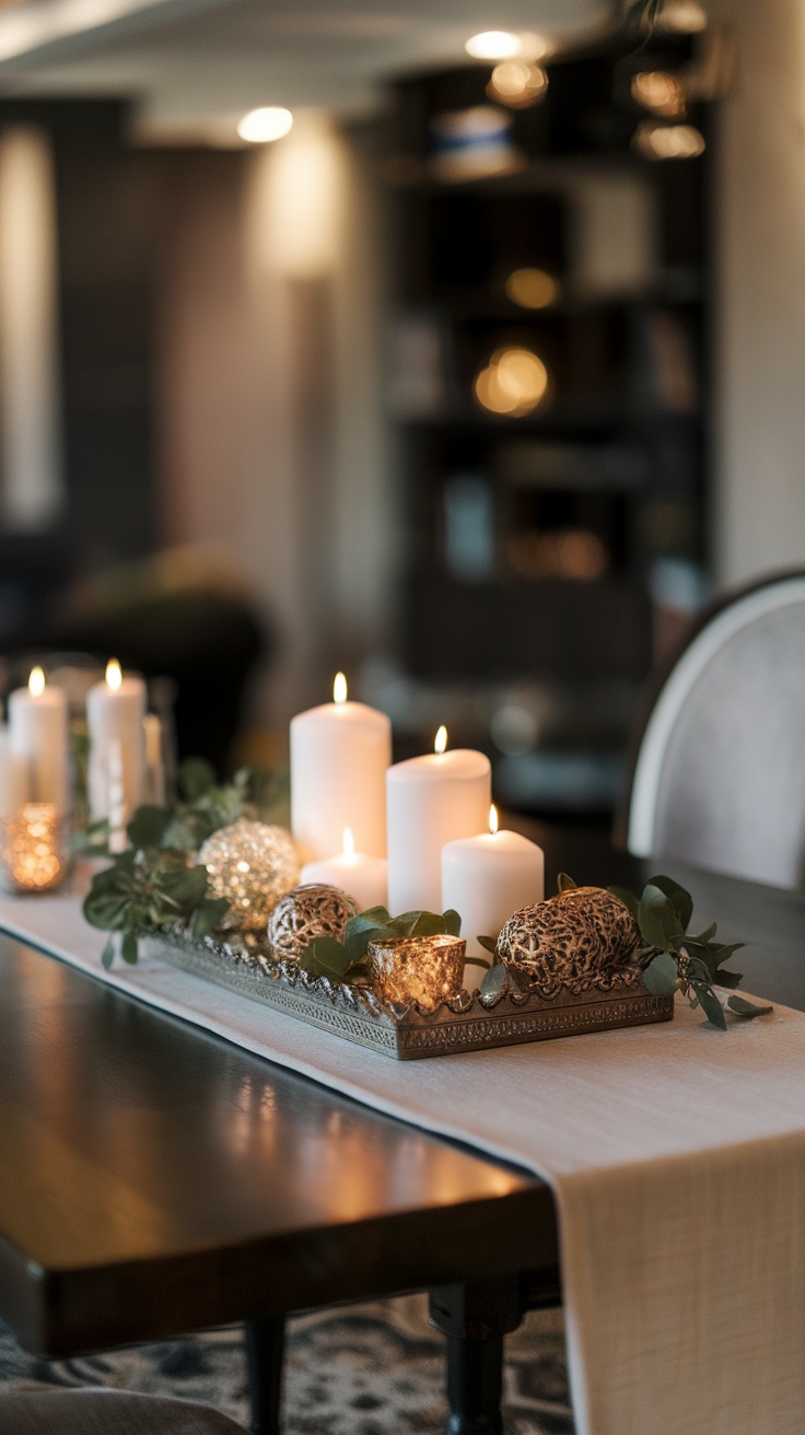 Decorative tray centerpiece with candles, greenery, and decorative orbs on a dining table.