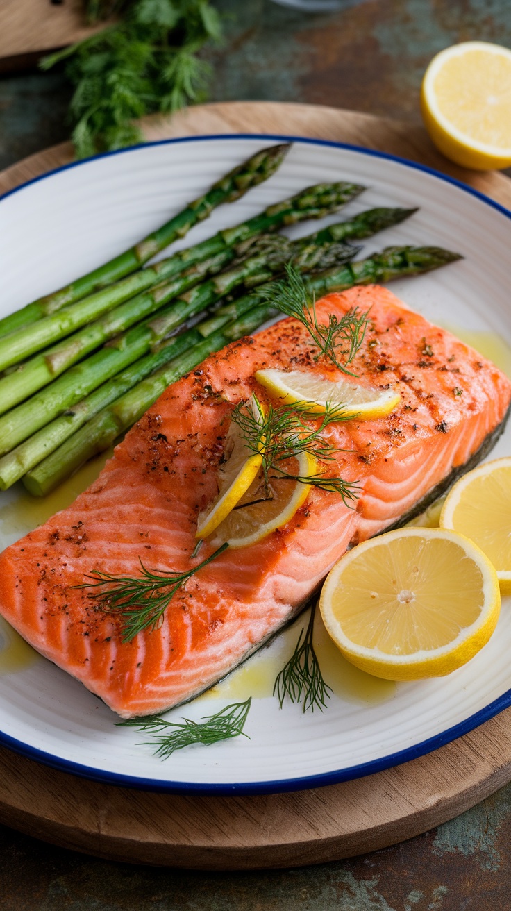 Oven-baked salmon with lemon slices and asparagus