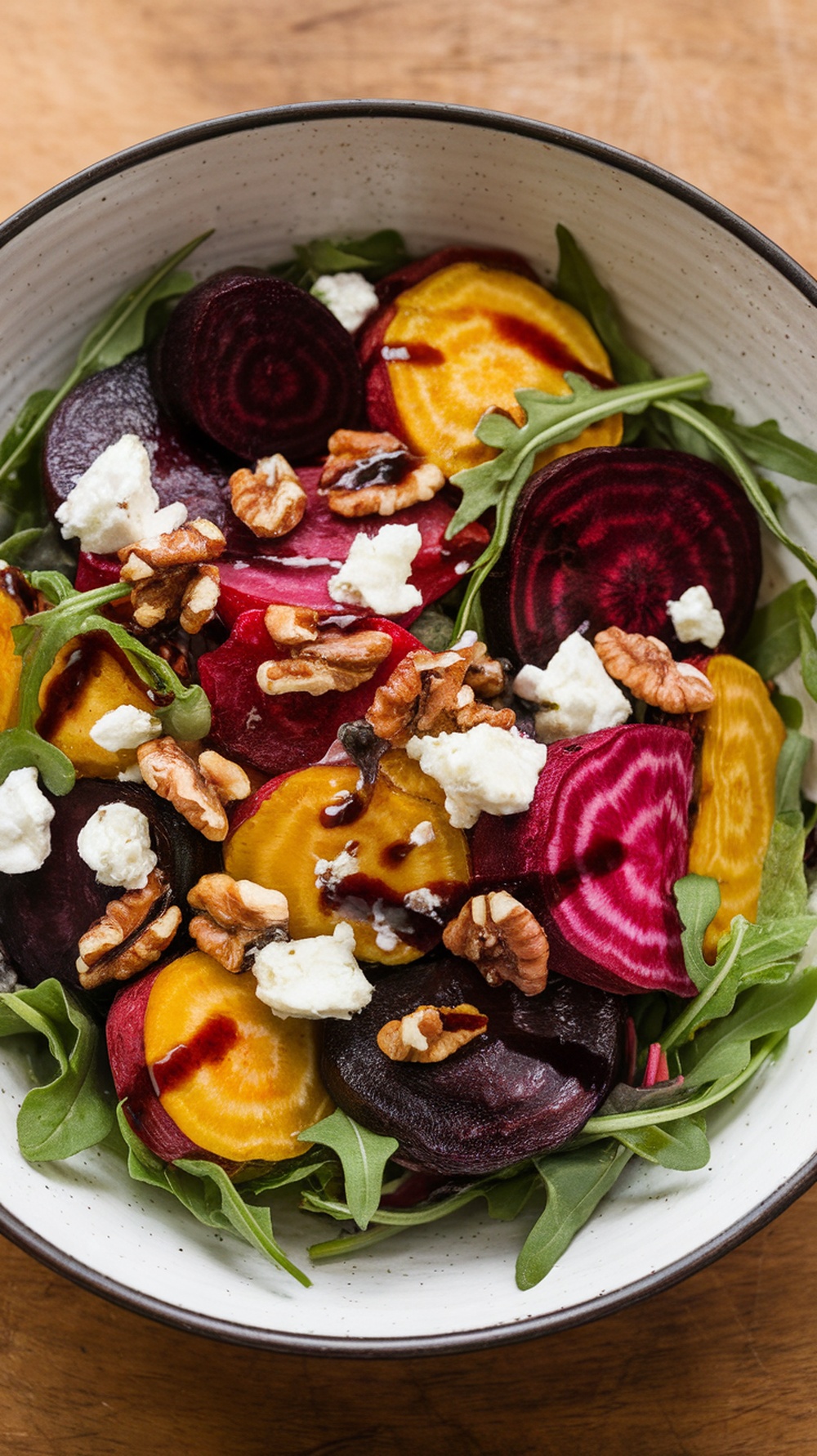 A colorful roasted beet salad with arugula, goat cheese, and walnuts.