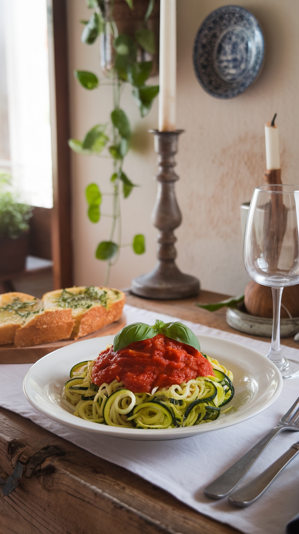 A plate of zucchini noodles topped with marinara sauce and fresh basil, accompanied by garlic bread.