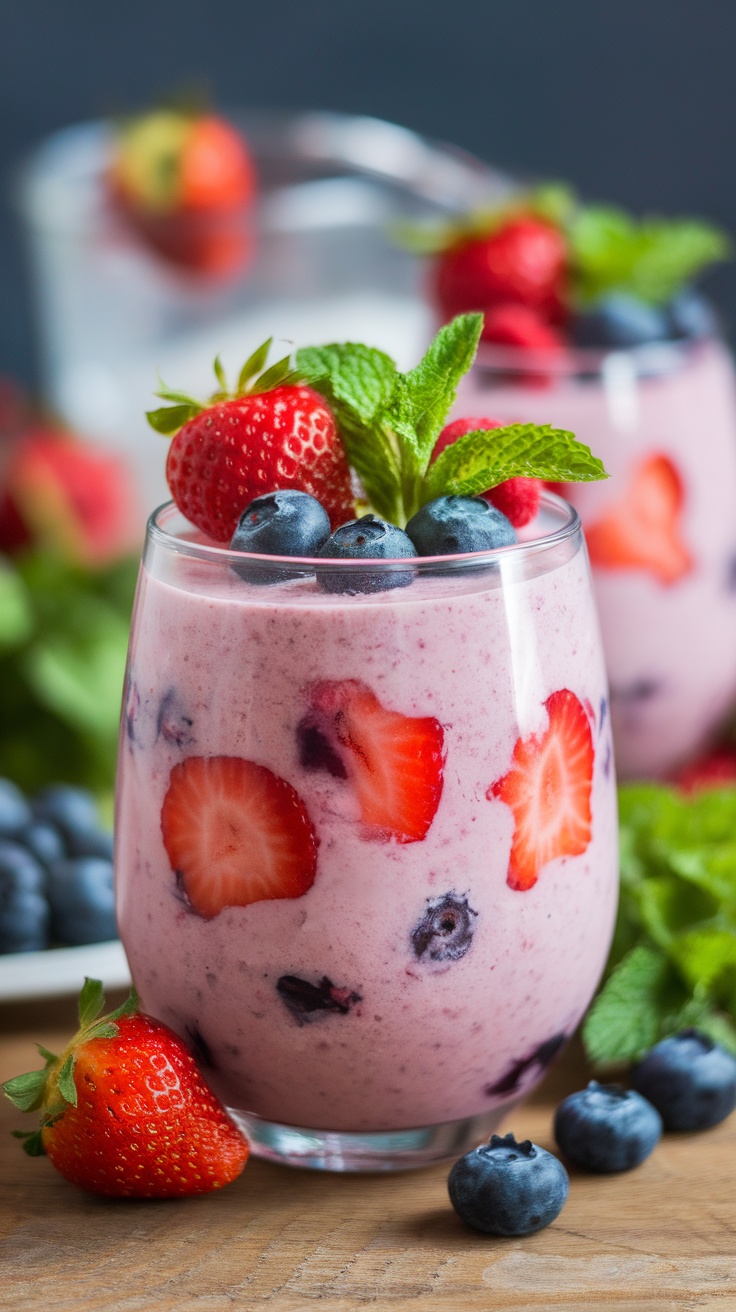 A berry smoothie in a glass, garnished with fresh berries and mint leaves.