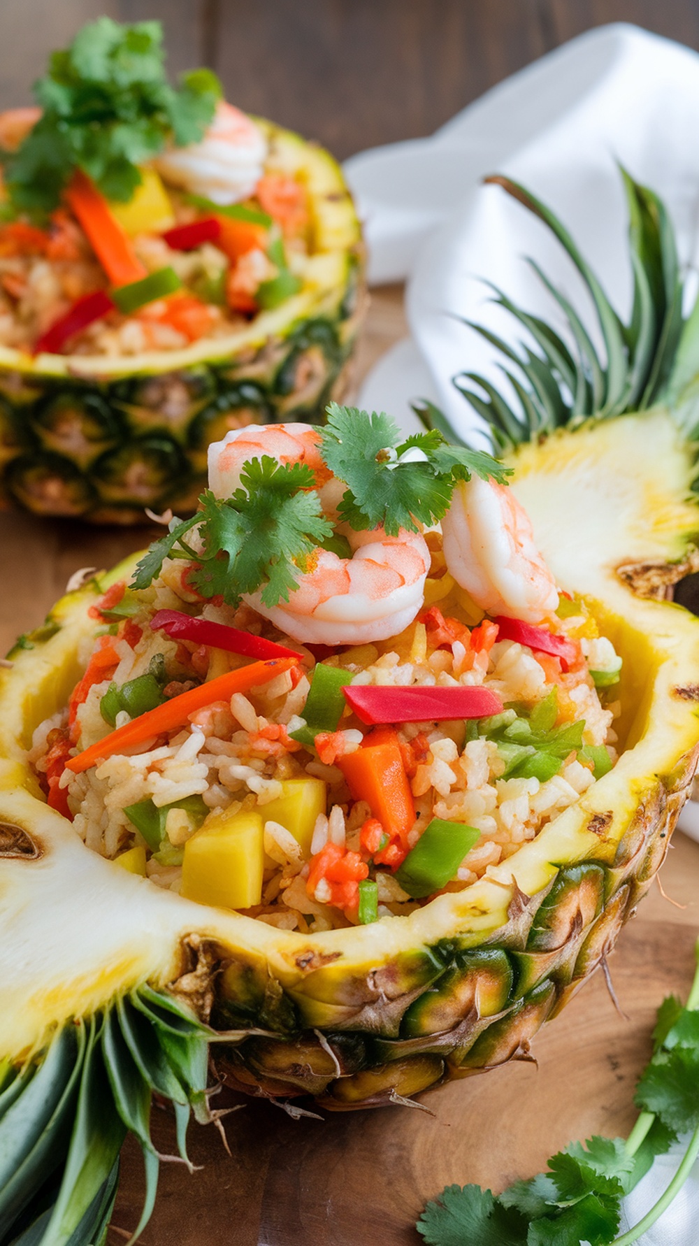 Delicious pineapple fried rice served in a pineapple shell, topped with shrimp and fresh cilantro