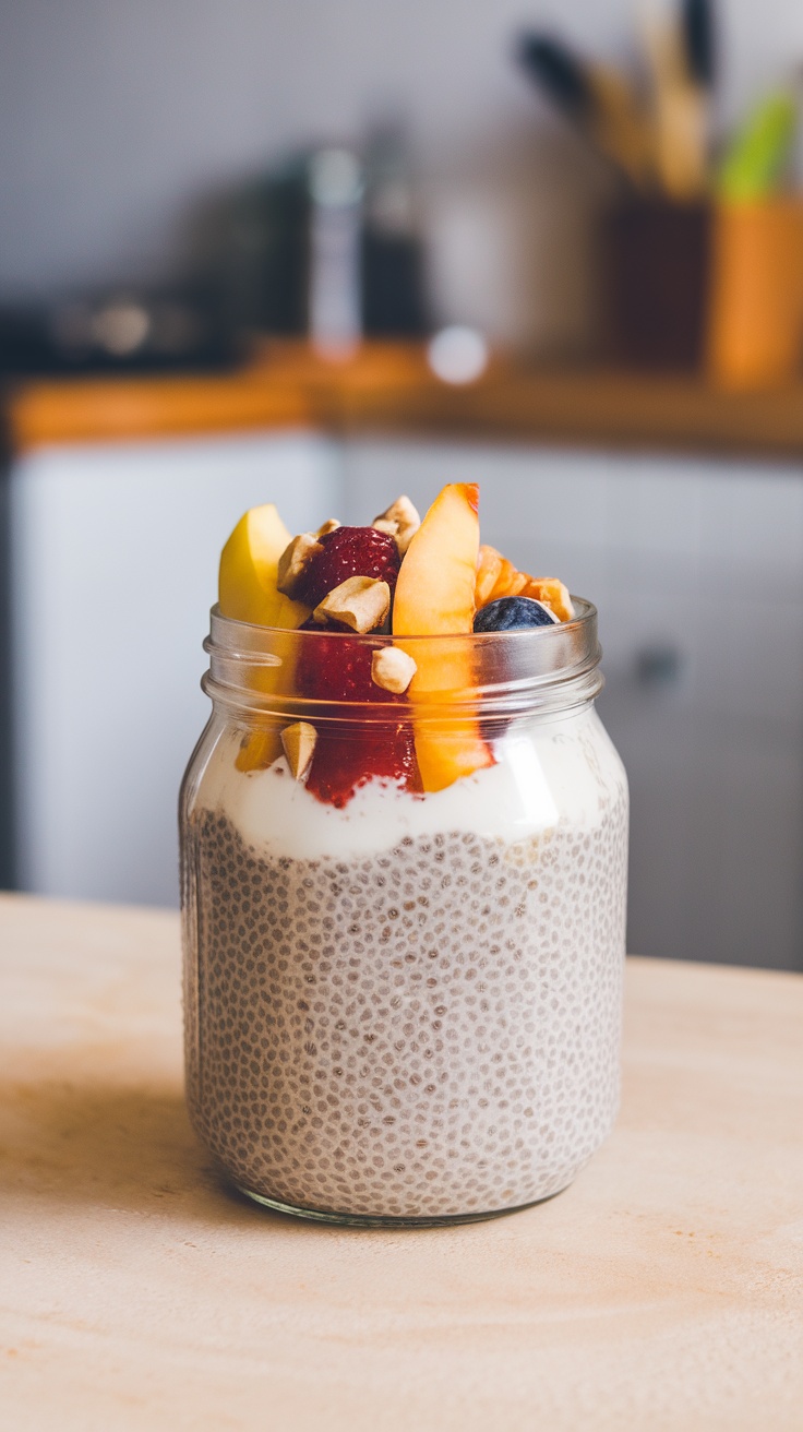A jar of chia seed pudding topped with fruits and nuts