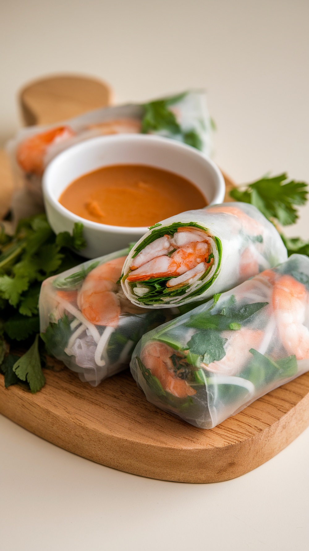 Fresh spring rolls with shrimp and vegetables, served with peanut dipping sauce.