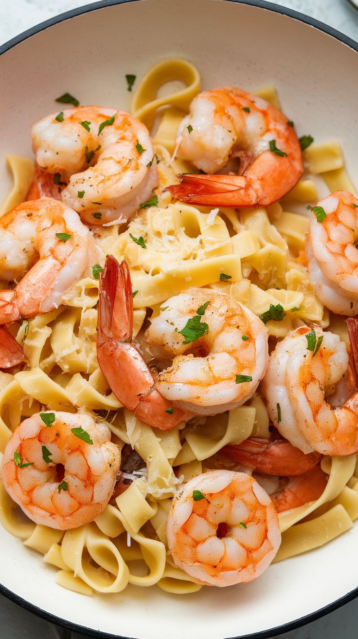 A plate of garlic butter shrimp pasta garnished with parsley.