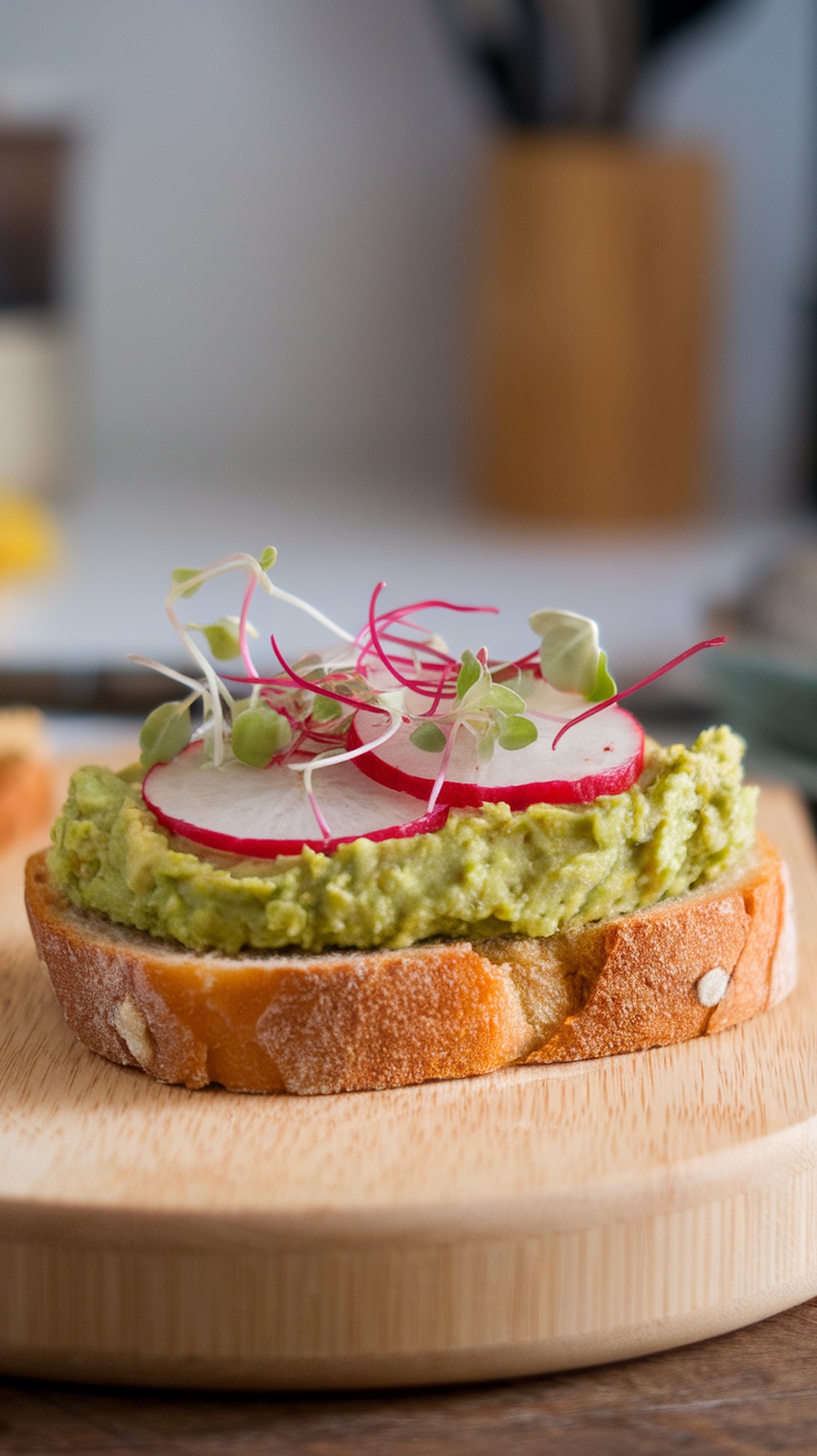 Avocado toast with toppings on a wooden board.