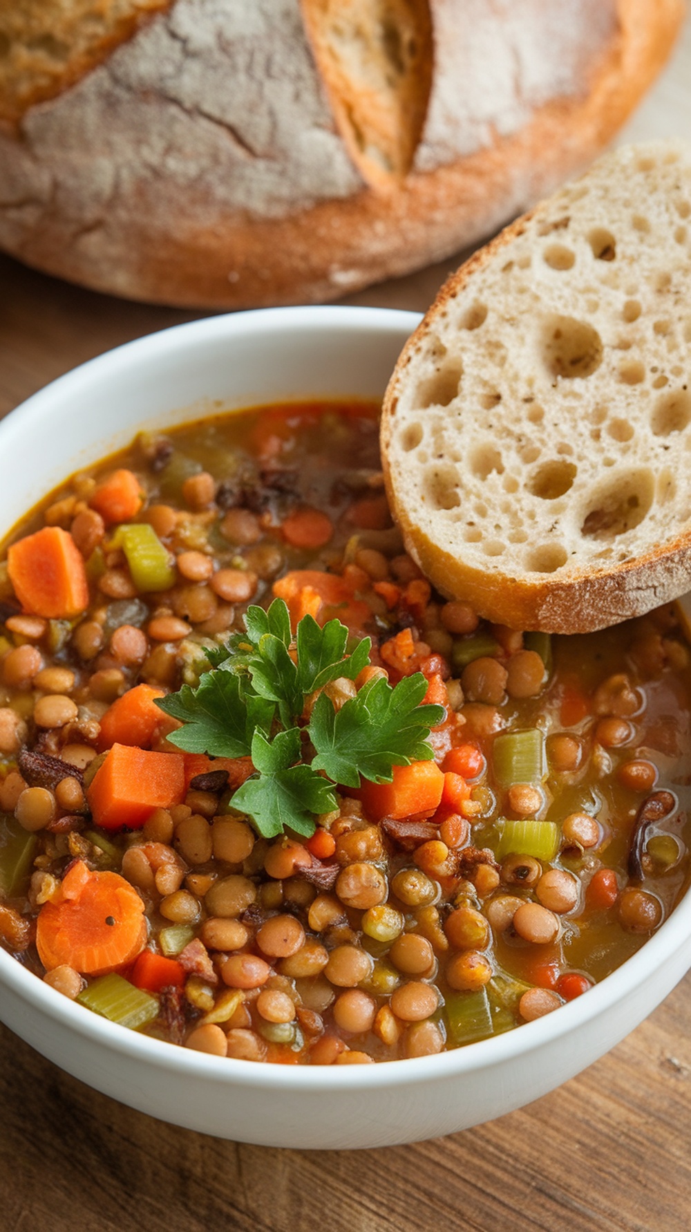 A bowl of lentil soup with a slice of crusty bread on the side.