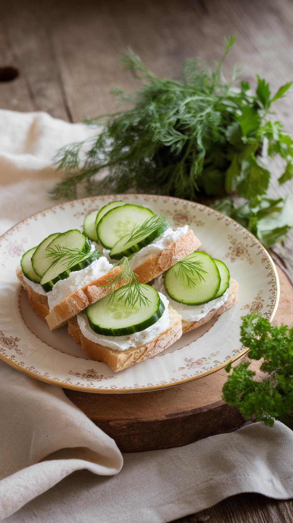 Cucumber sandwiches on a plate, garnished with dill