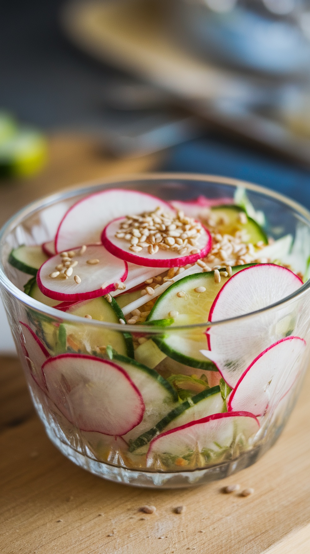 A vibrant bowl of radish salad with cucumbers and sesame seeds.
