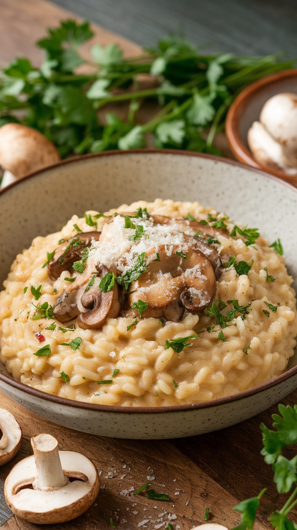 A creamy bowl of mushroom risotto topped with fresh herbs and cheese.