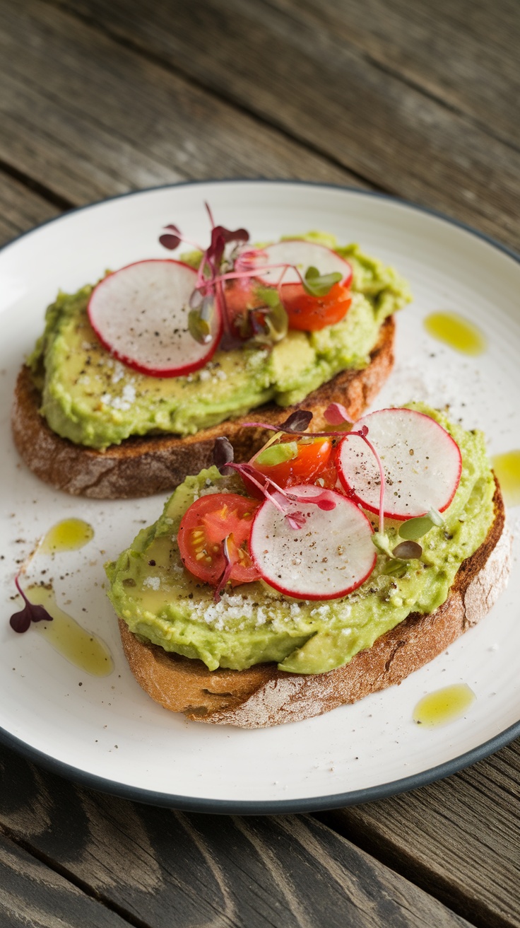 A delicious plate of avocado toast topped with radish slices and cherry tomatoes.