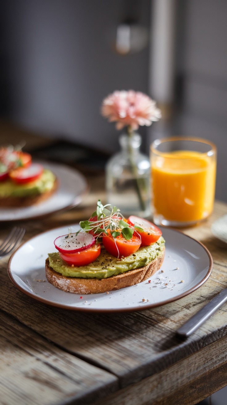 Avocado toast topped with tomatoes, radishes, and microgreens served on a plate