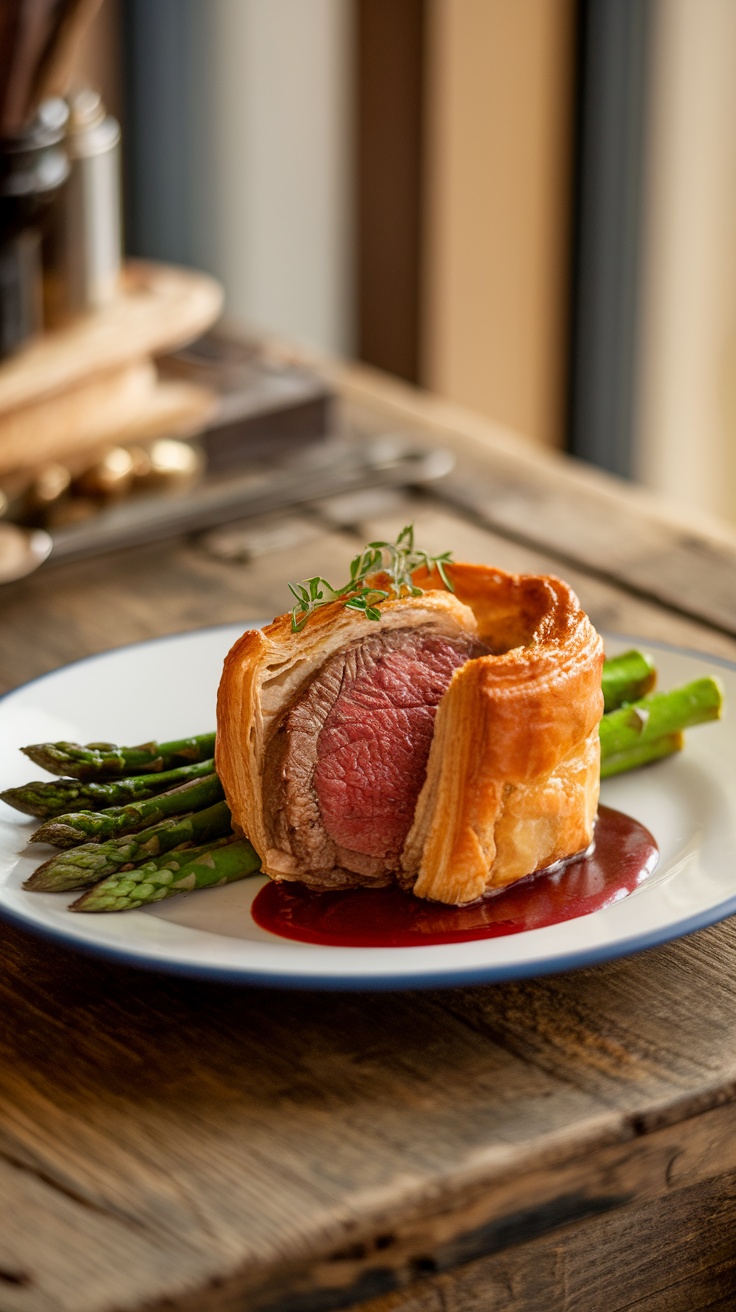 A beautifully plated Beef Wellington with asparagus on the side.