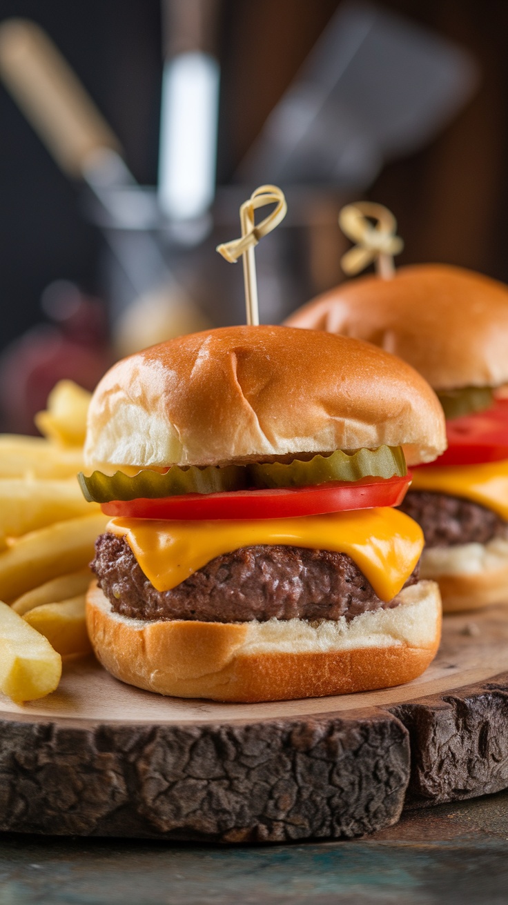 A classic cheeseburger slider served with pickles, tomato, and cheese on a wooden platter.