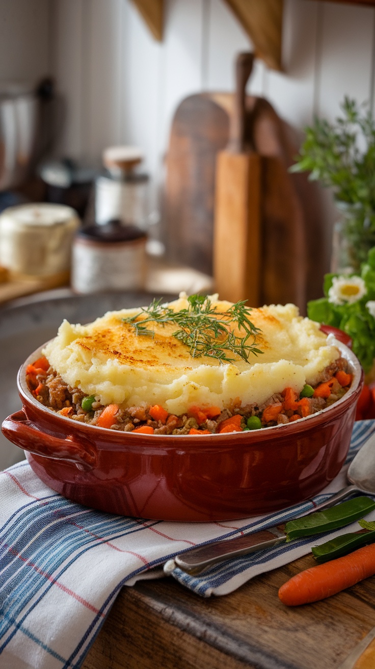 A classic shepherd's pie with a golden mashed potato topping and savory filling, placed in a rustic dish.