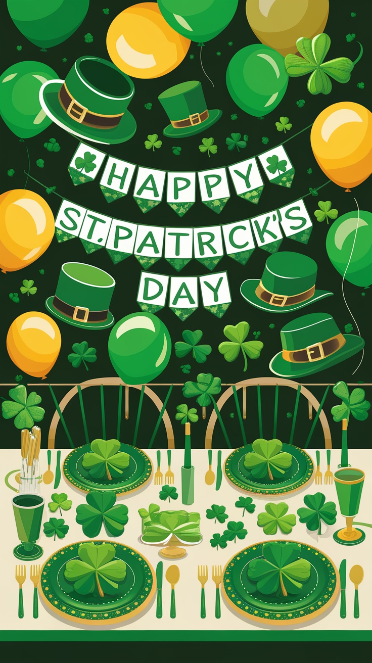 A festive St. Patrick's Day party setup with green decorations, hats, balloons, and shamrocks.