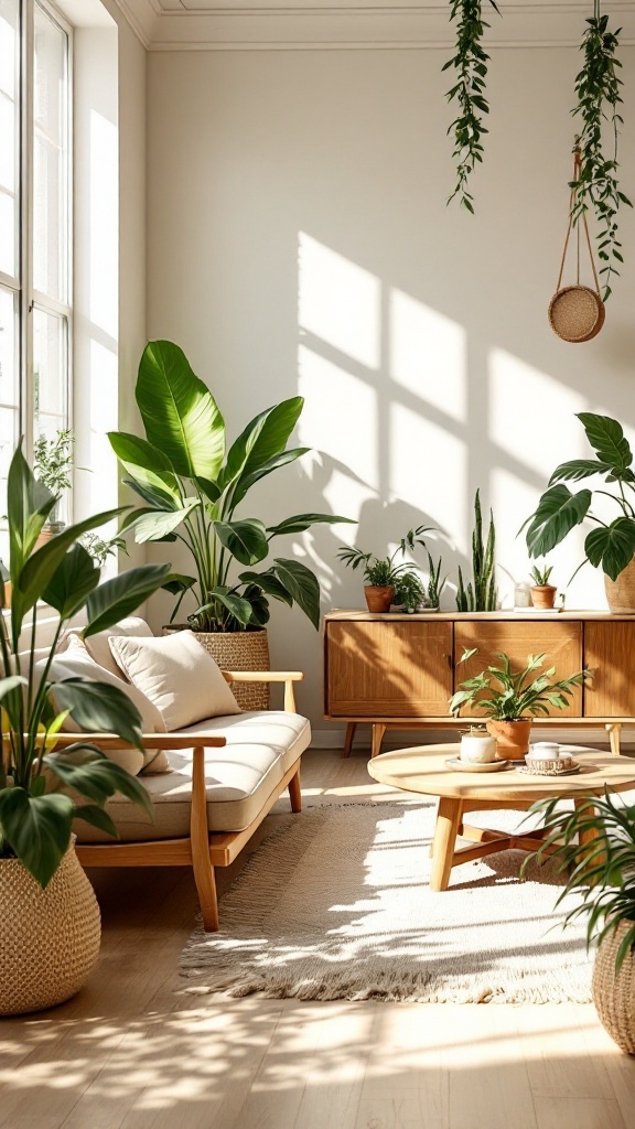 A bright living room filled with various indoor plants, featuring wooden furniture and a cozy aesthetic.