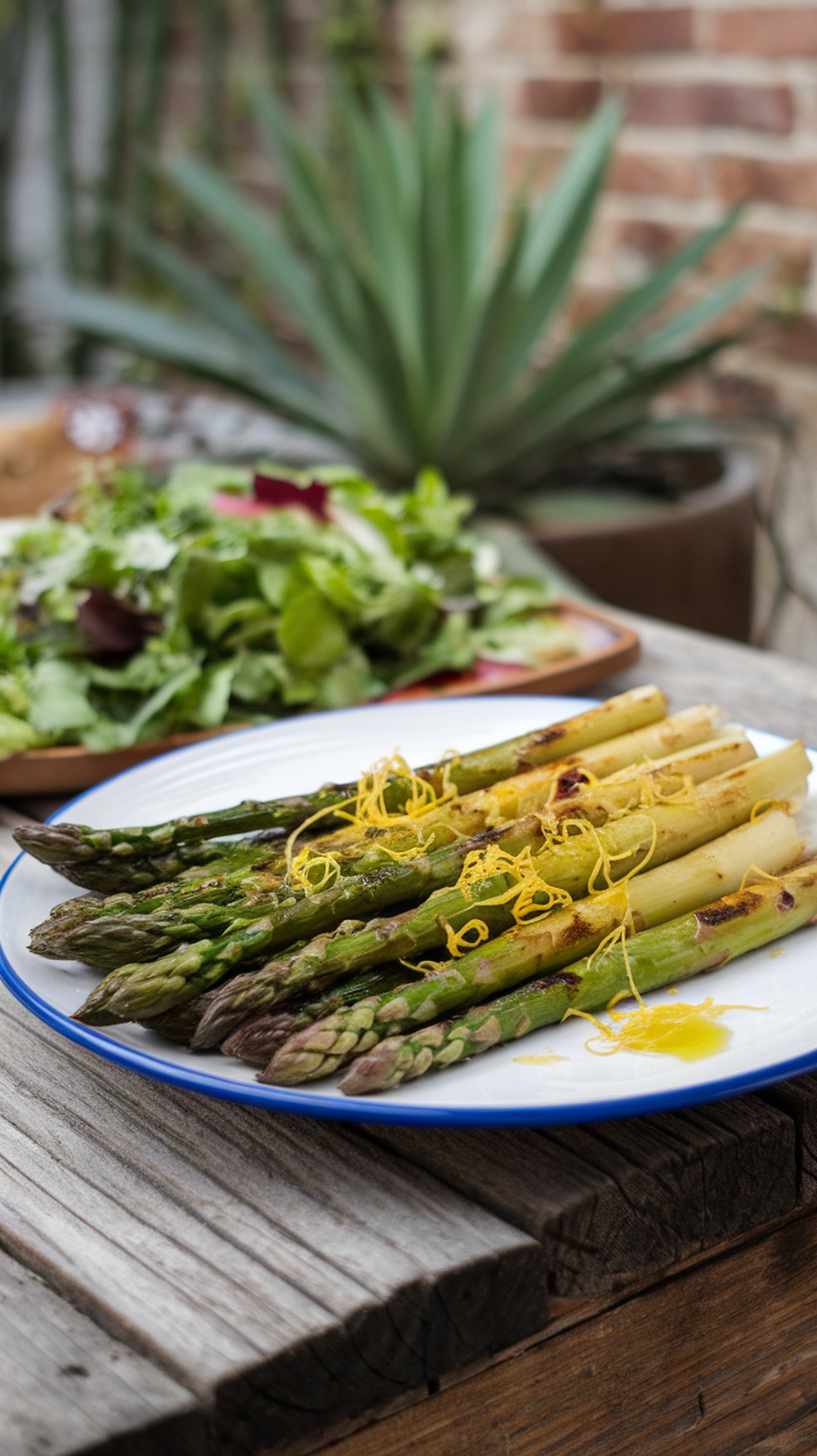 Grilled asparagus with lemon zest on a plate.