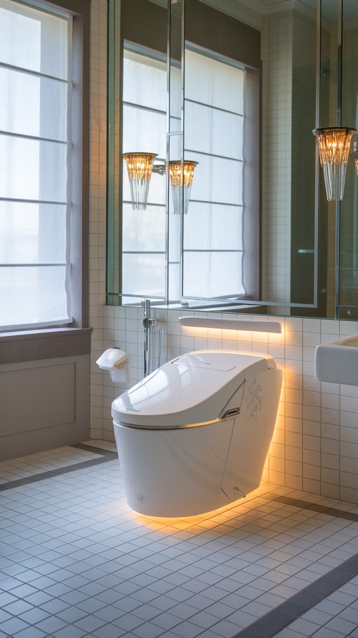 A modern bathroom featuring the Kohler Numi 2.0 toilet with ambient lighting and elegant decor.