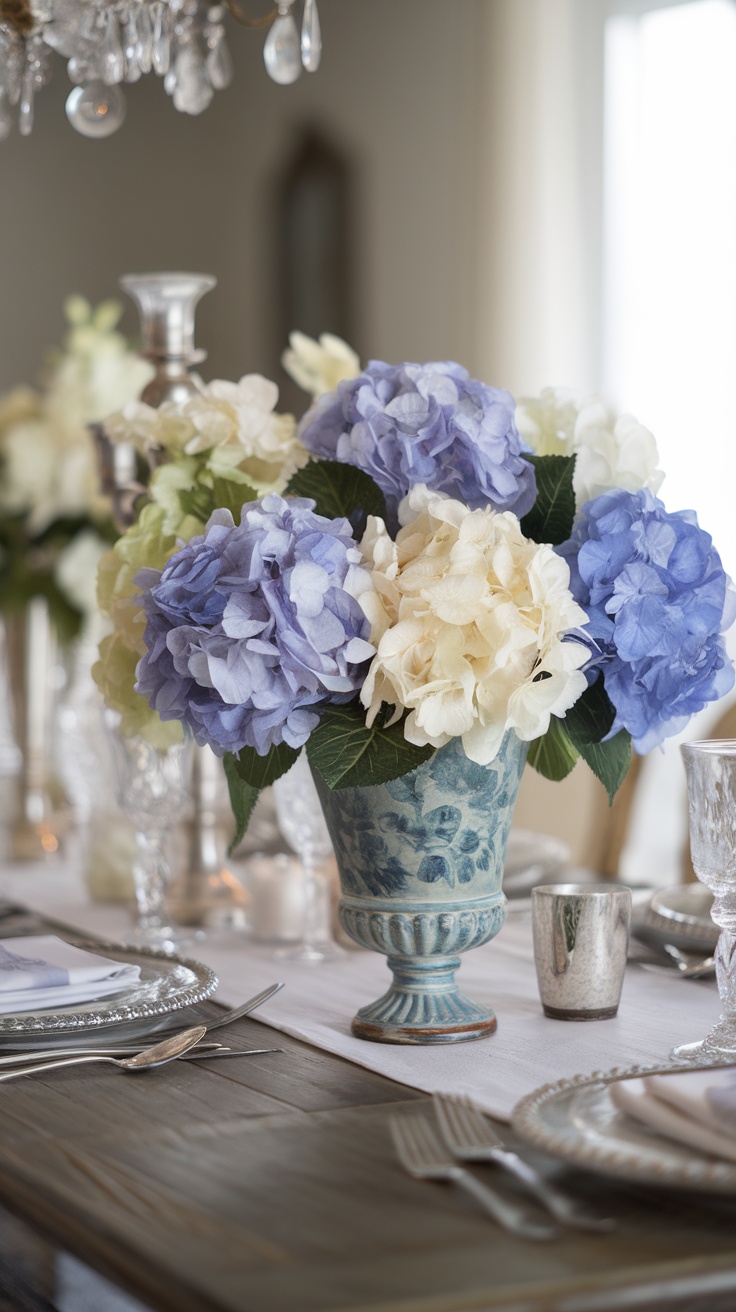 A dining table with a hydrangea centerpiece in a decorative vase, featuring blue and white flowers.