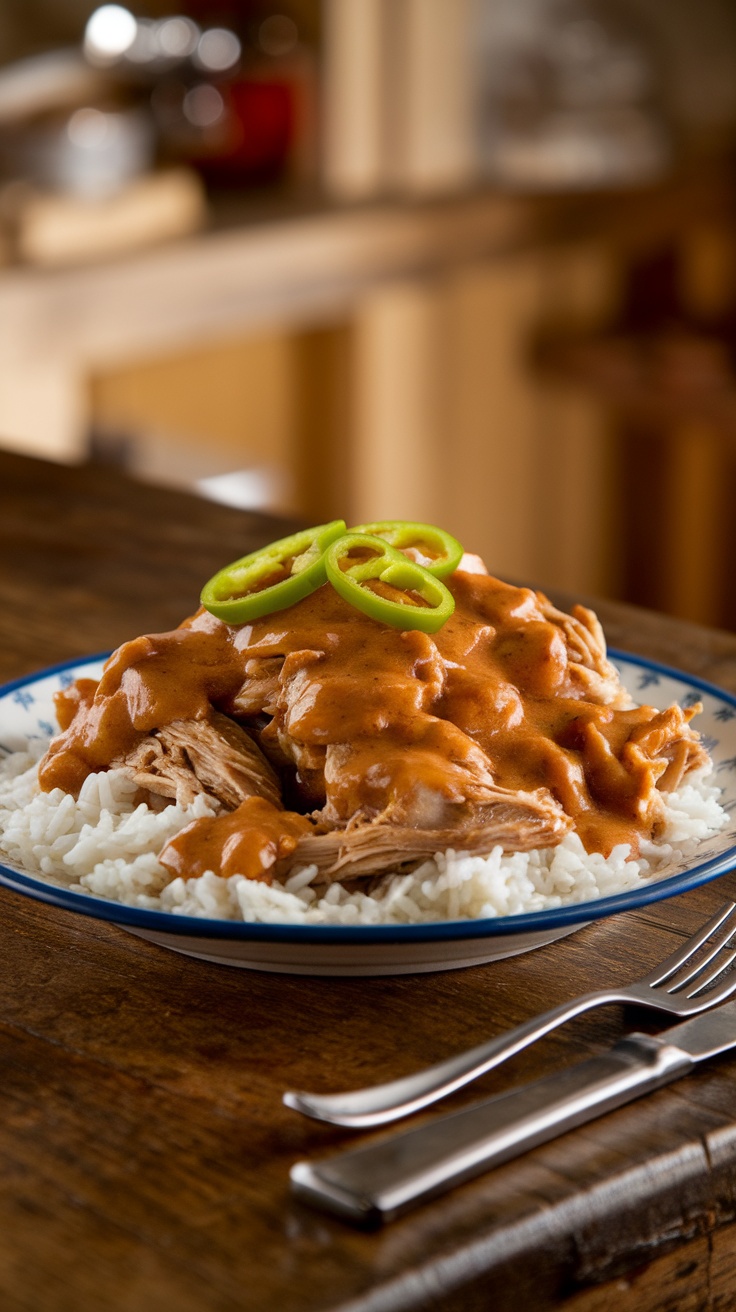 A plate of Mississippi Chicken served over rice with green pepper slices on top