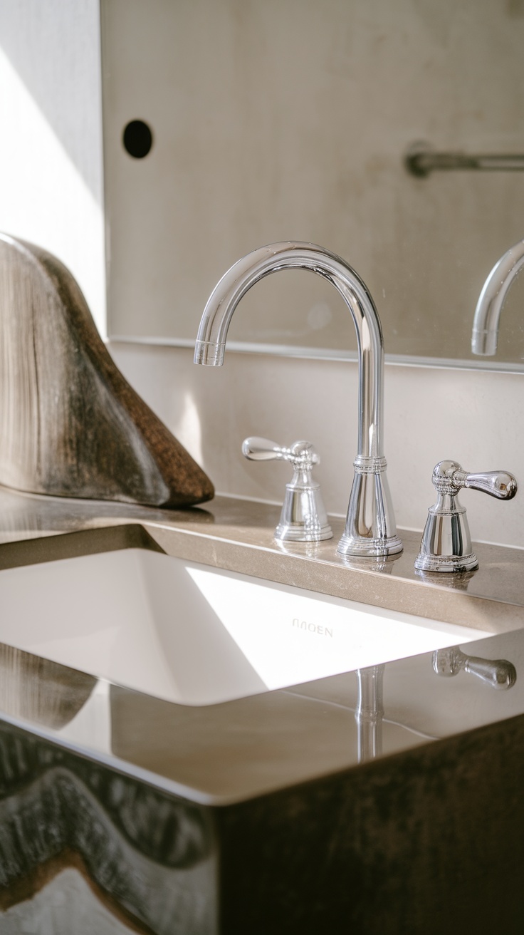 A close-up view of the Moen Eva faucet with modern design features in a stylish bathroom setting.