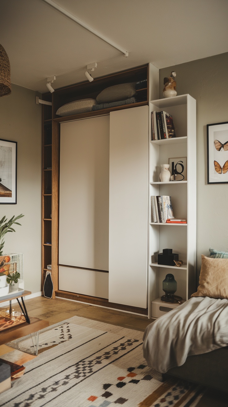 A modern Murphy bed with white panels and wooden accents, folded up against the wall in a cozy apartment.