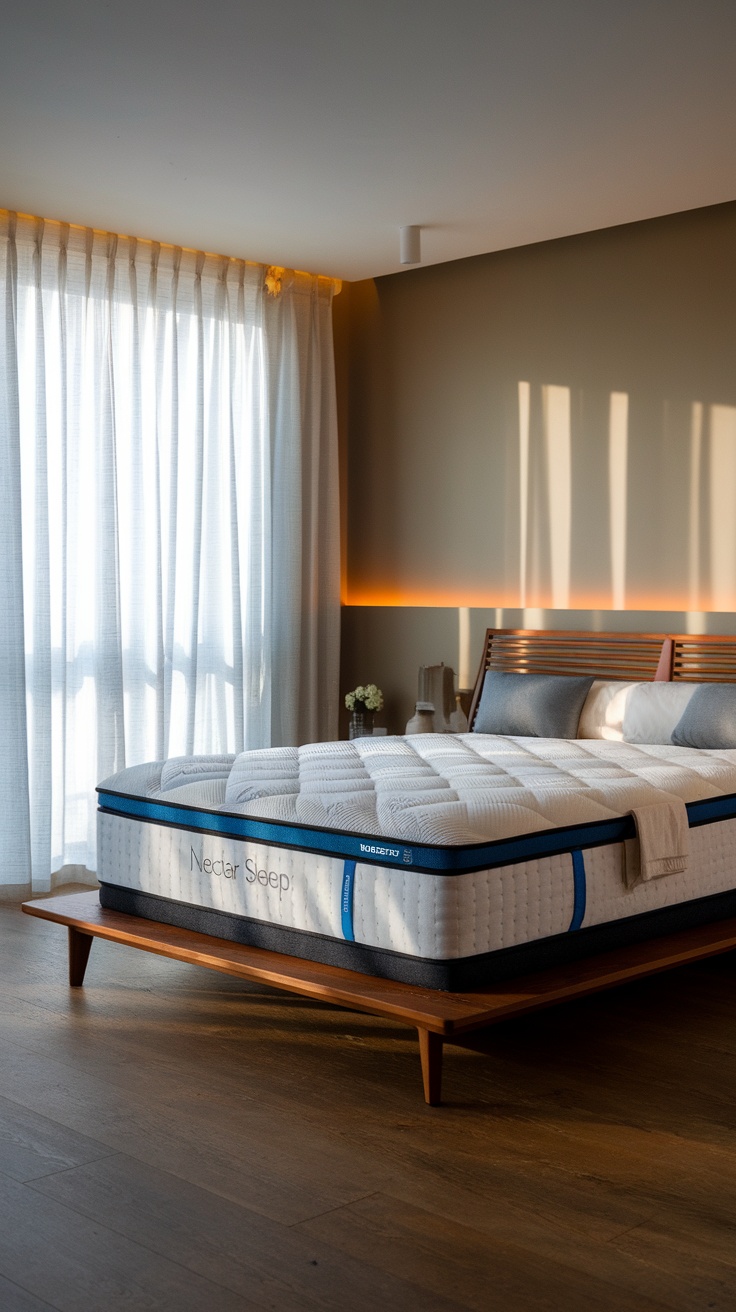 Nectar Sleep mattress on a wooden frame in a well-lit bedroom