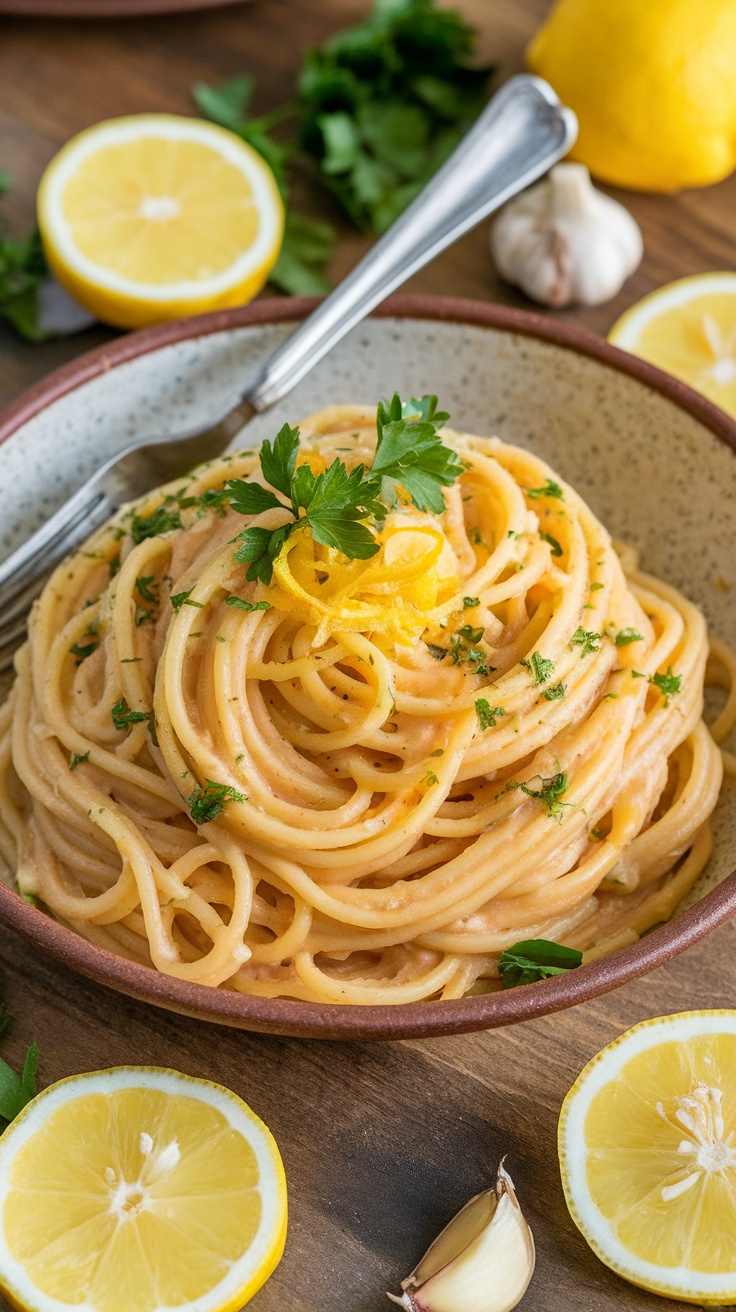 A bowl of lemon garlic pasta garnished with parsley and lemon slices