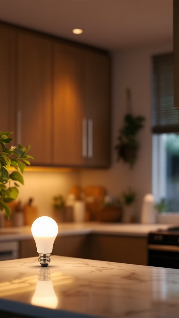 Philips Hue White Ambiance A19 LED Smart Bulb in a warm white kitchen setting