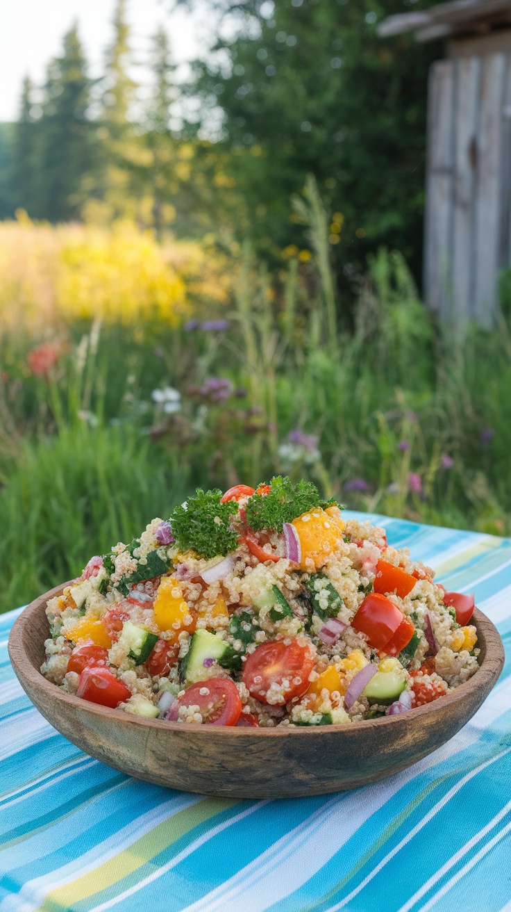 A colorful quinoa salad filled with fresh vegetables.