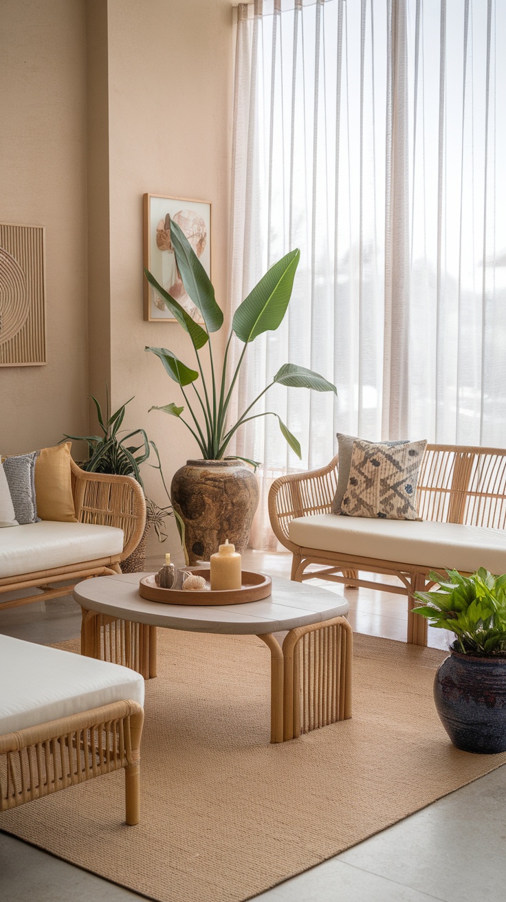 A cozy living room featuring rattan furniture with pillows, a round coffee table, and indoor plants.