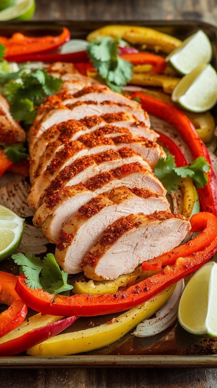 A plate of sliced chicken breast surrounded by colorful bell peppers and garnished with lime wedges