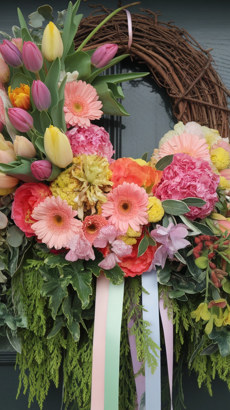 A colorful spring floral wreath with tulips, gerbera daisies, and peonies on a grapevine base, adorned with pastel ribbons.