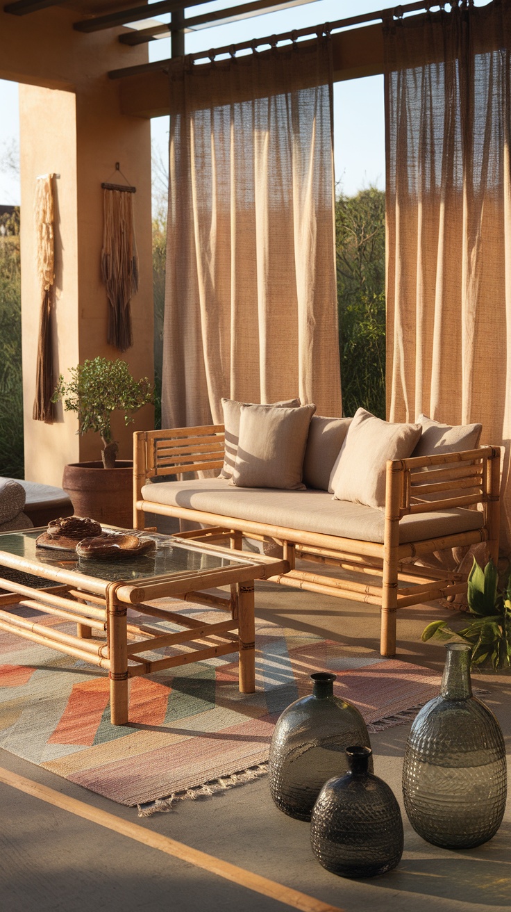 Cozy outdoor space featuring bamboo furniture and decorative items