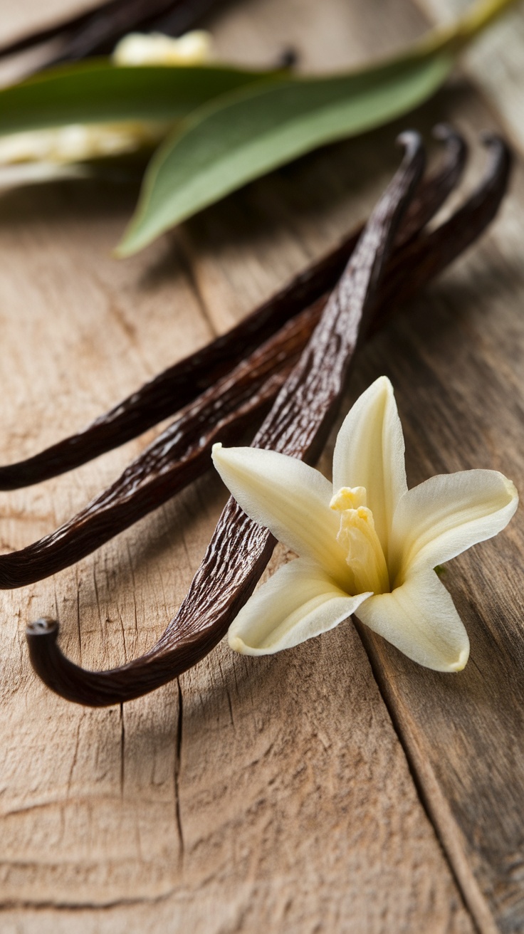 Vanilla beans and flower on wooden surface