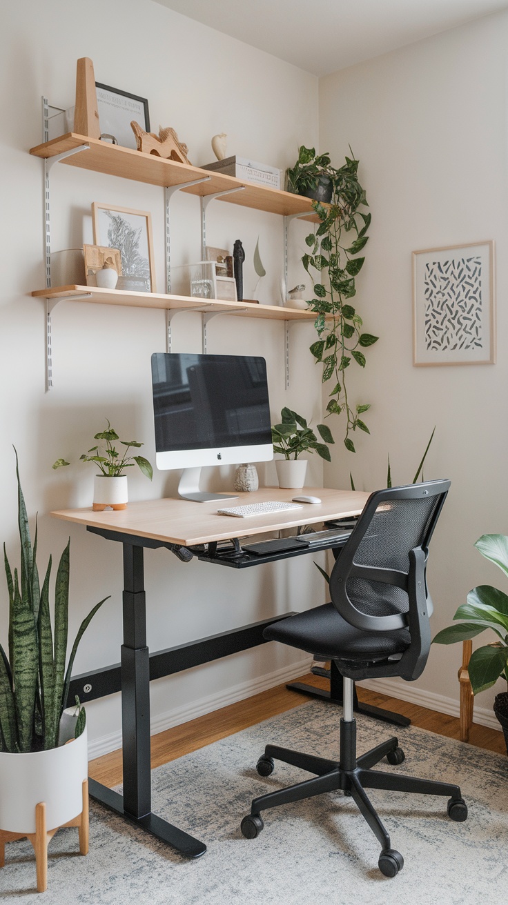 A small home office featuring a Vari Electric Standing Desk, ergonomic chair, and decorative shelves with plants.